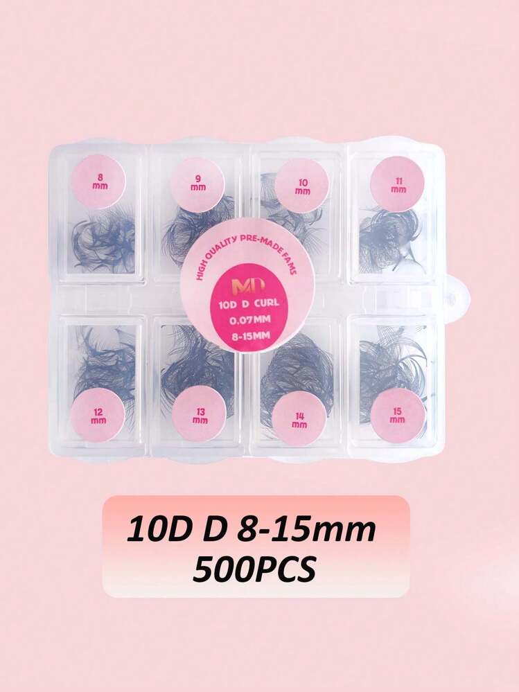 Premade Volume Lash Fans – Loose 500 Fans Box (Pointed Base, D Curl, 0.07mm)