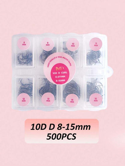 Premade Volume Lash Fans – Loose 500 Fans Box (Pointed Base, D Curl, 0.07mm)