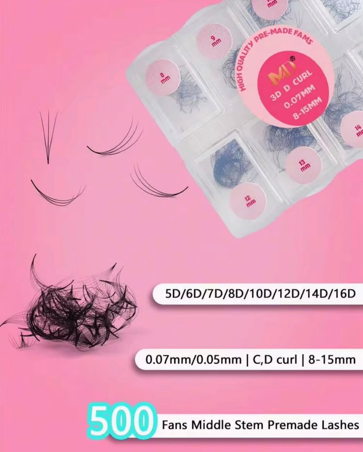 Premade Volume Lash Fans – Loose 500 Fans Box (Pointed Base, D Curl, 0.07mm)