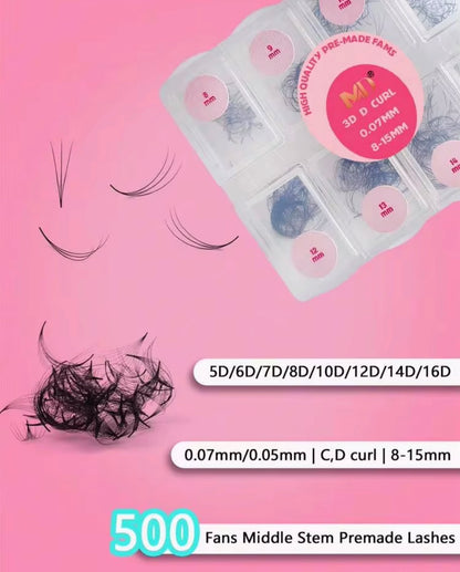 Premade Volume Lash Fans – Loose 500 Fans Box (Pointed Base, D Curl, 0.07mm)