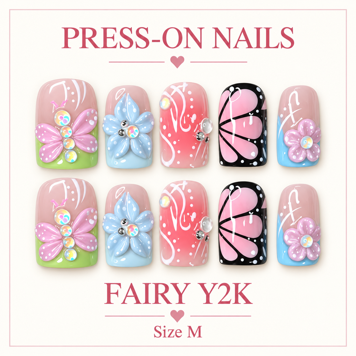 Handmade press on nails and style fairy Y2K size medium ￼