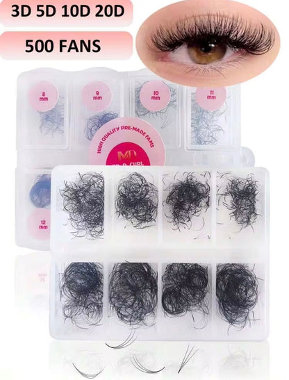 Premade Volume Lash Fans – Loose 500 Fans Box (Pointed Base, D Curl, 0.07mm)