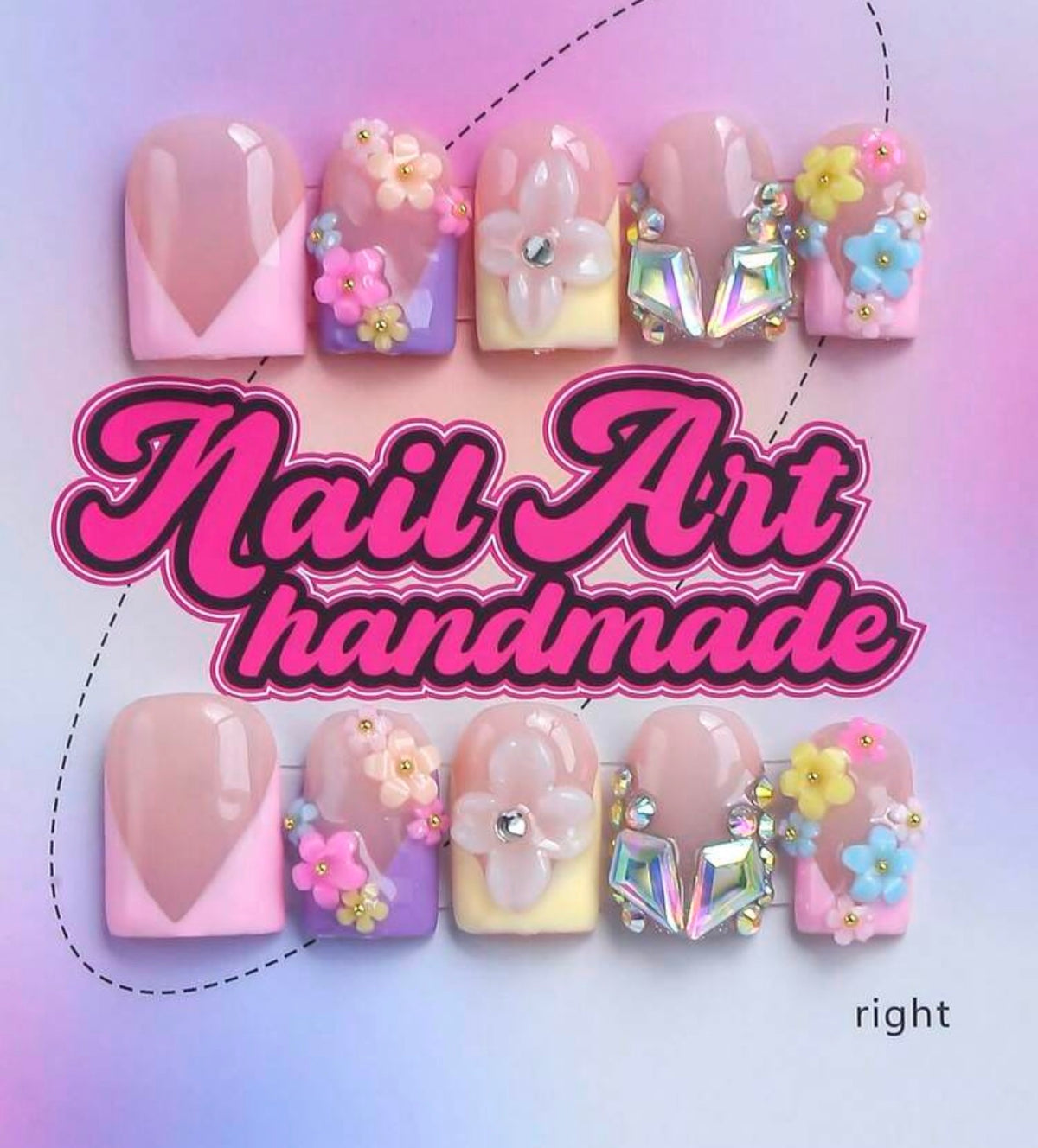 Handmade color press on nail set: size m - style: flower power