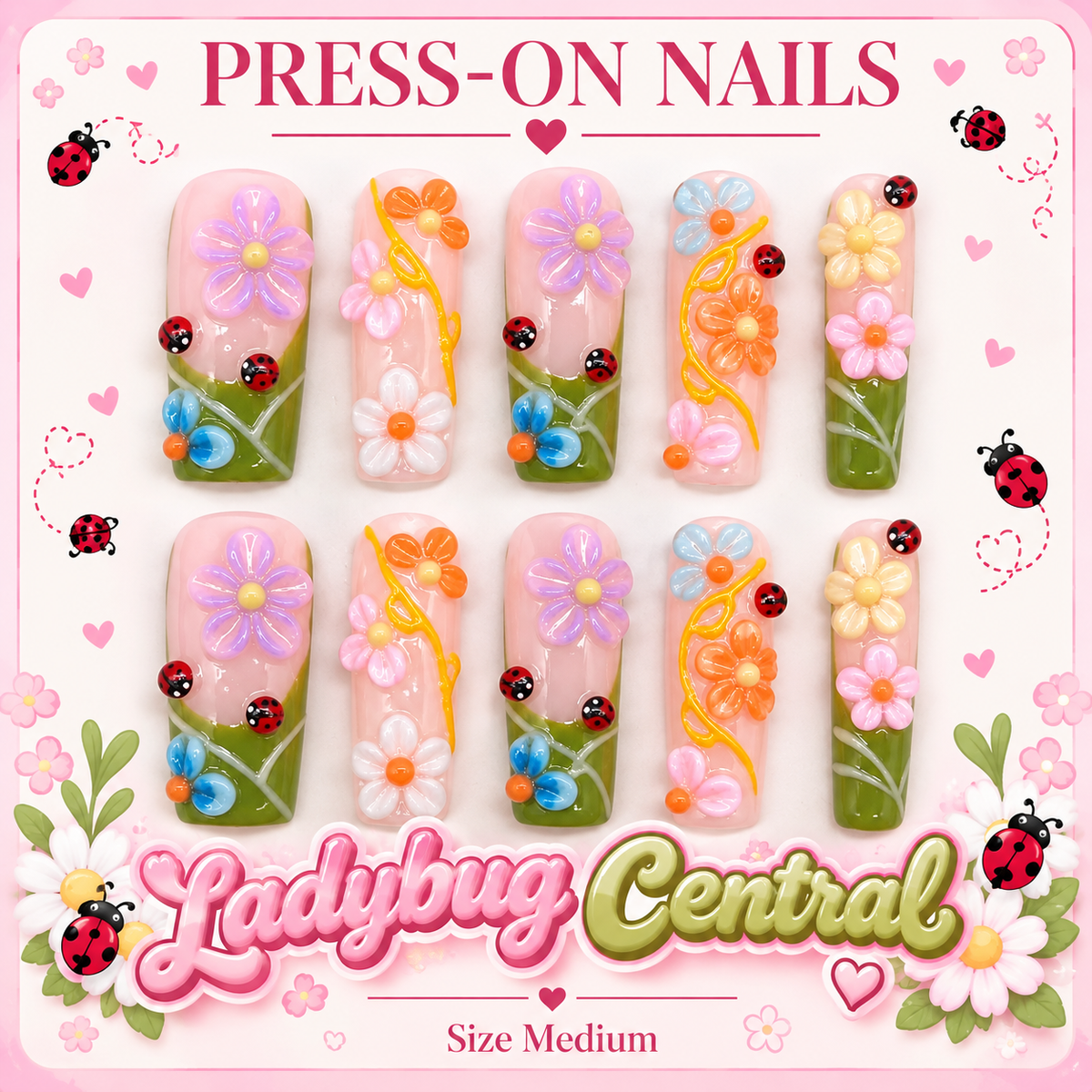 Handmade press on nails style: ladybug central / size M