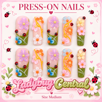 Handmade press on nails style: ladybug central / size M