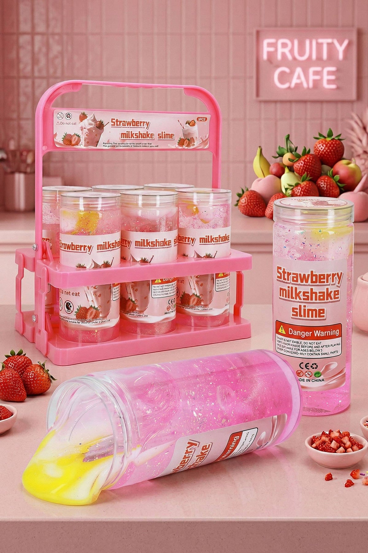 Strawberry Shimmery Slime Jar w/ Carrier - 12 Pcs: PINK / ONE SIZE